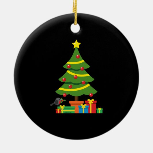 Robin und farbenfrohe Geschenke unter Weihnachtsba Keramik Ornament (Hinten)