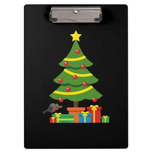 Robin und farbenfrohe Geschenke unter Weihnachtsba Klemmbrett (Vorderseite)