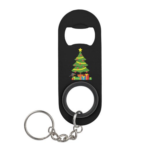 Robin und farbenfrohe Geschenke unter Weihnachtsba Mini Flaschenöffner (Vorderseite)