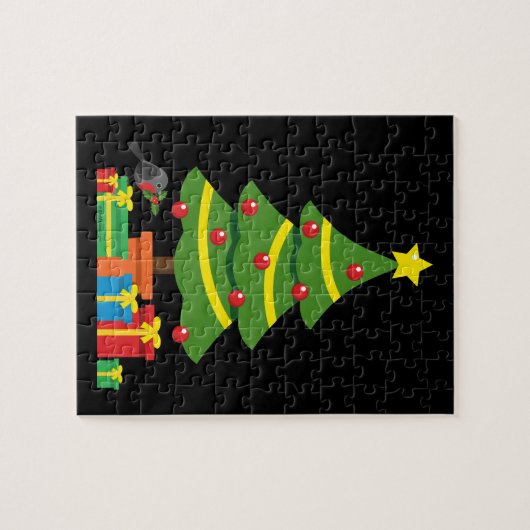 Robin und farbenfrohe Geschenke unter Weihnachtsba Puzzle (Horizontal)