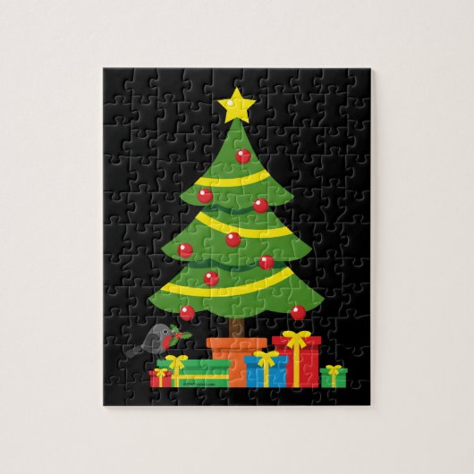 Robin und farbenfrohe Geschenke unter Weihnachtsba Puzzle (Vertikal)