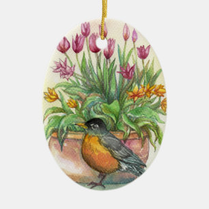 Robin und Tulips Keramik Ornament