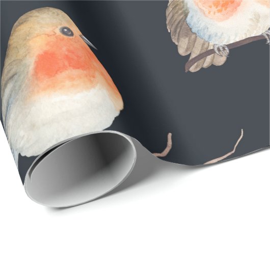 Robin-Vögel und Beerenrowan auf trockenen Zweigen, Geschenkpapier (Rolleneckpunkt)