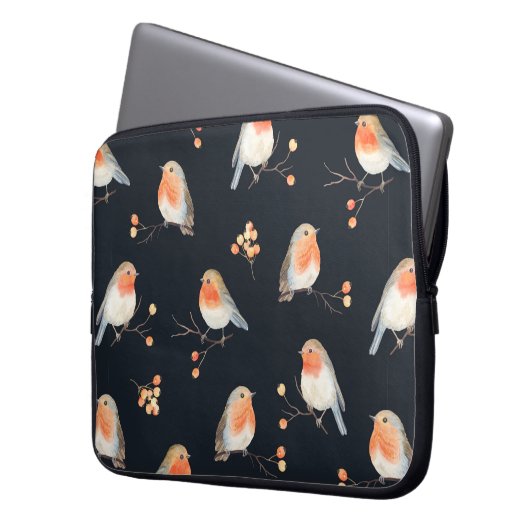 Robin-Vögel und Beerenrowan auf trockenen Zweigen, Laptopschutzhülle (Vorderseite Links)