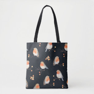 Robin-Vögel und Beerenrowan auf trockenen Zweigen, Tasche