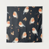 Robin-Vögel und Beerenrowan auf trockenen Zweigen, Wandteppich (Vorderseite)