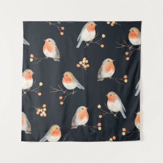 Robin-Vögel und Beerenrowan auf trockenen Zweigen, Wandteppich