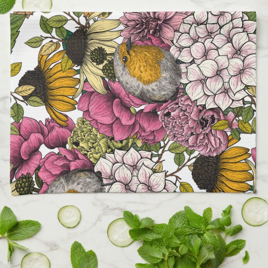 Robinen im Garten Geschirrtuch (Gefaltet)