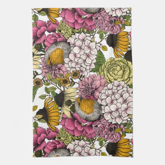 Robinen im Garten Geschirrtuch (Vertikal)