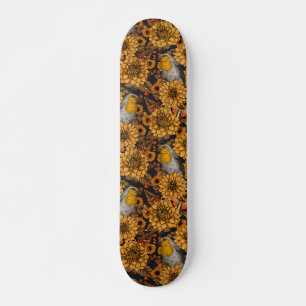 Robinen im Herbstgarten auf schwarz Skateboard