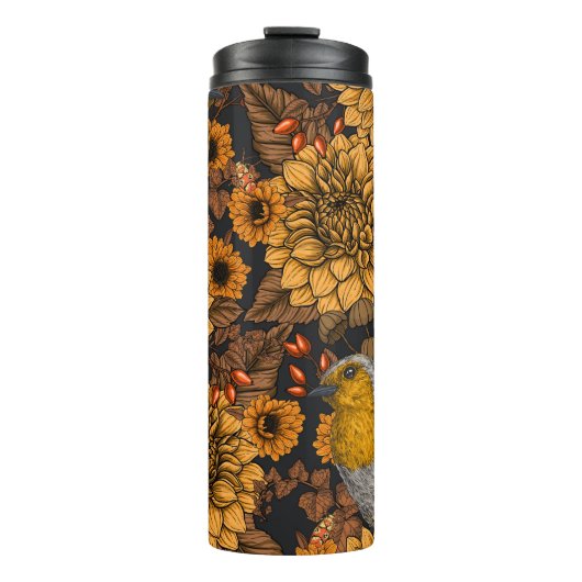 Robinen im Herbstgarten auf schwarz Thermosbecher (Vorderseite)