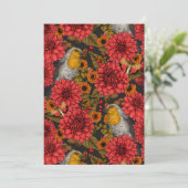 Robinen im Herbstgarten, rote Dahlien auf schwarz (Stehend Vorderseite)