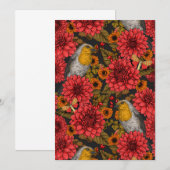 Robinen im Herbstgarten, rote Dahlien auf schwarz (Vorne/Hinten)