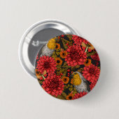 Robinen im Herbstgarten, rote Dahlien auf schwarz Button (Vorne & Hinten)