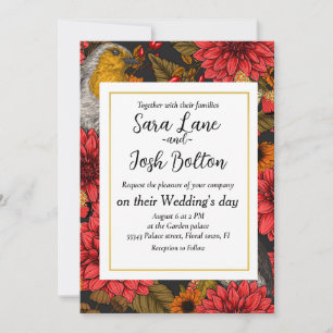 Robinen im Herbstgarten, rote Dahlien auf schwarz Einladung