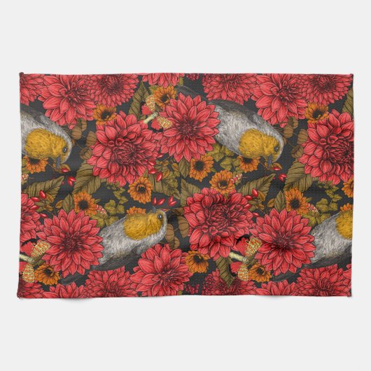 Robinen im Herbstgarten, rote Dahlien auf schwarz Geschirrtuch (Horizontal)