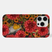 Robinen im Herbstgarten, rote Dahlien auf schwarz iPhone Hülle (Rückseite (Horizontal))