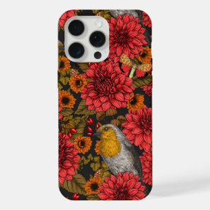 Robinen im Herbstgarten, rote Dahlien auf schwarz iPhone 15 Pro Max Hülle