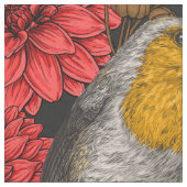 Robinen im Herbstgarten, rote Dahlien auf schwarz Stoff (Nahaufnahme)