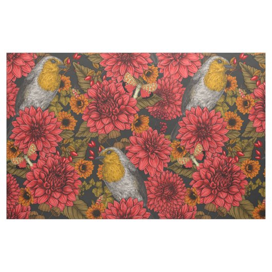 Robinen im Herbstgarten, rote Dahlien auf schwarz Stoff (Fat Quarter (45,7 x 55,9 cm))