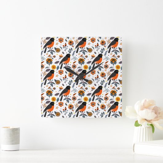 Robinen und Blume Quadratische Wanduhr (Zuhause)