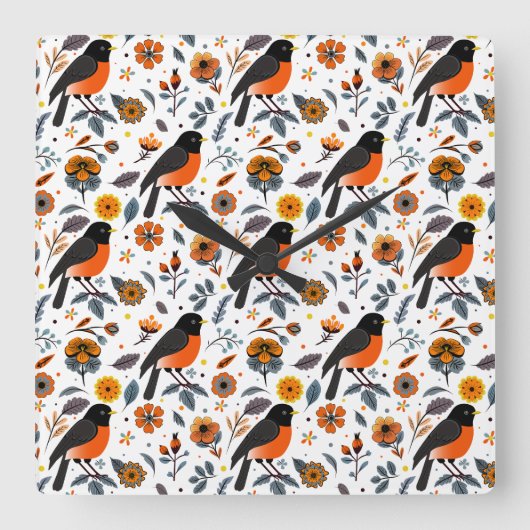 Robinen und Blume Quadratische Wanduhr (Vorderseite)