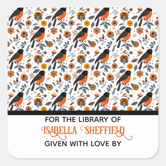 Robinen und Blume Quadratischer Aufkleber (Vorderseite)