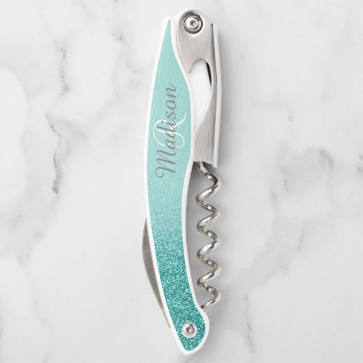 Robin's Egg Blue Aquamarin Stylish Monogram Glitze Kellnermesser (Rückseite)