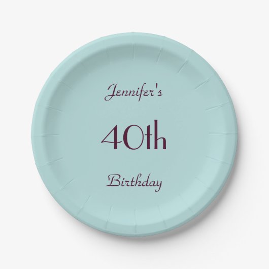 Robin's Egg Blue Name 40. Geburtstag Party Einfach Pappteller (Vorderseite)