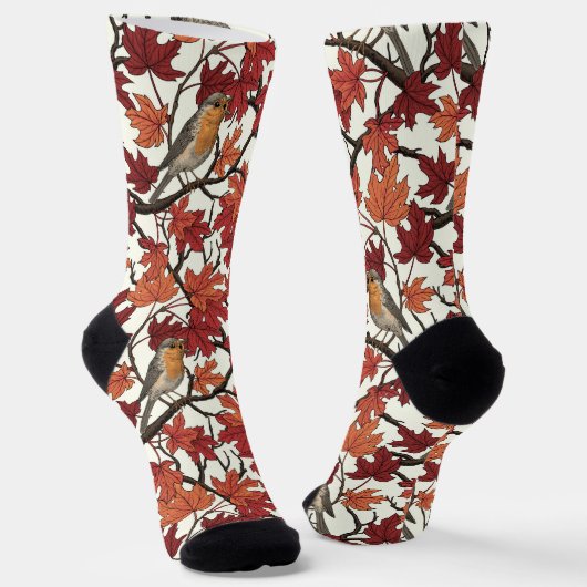 Robins in maple tree on off white socken (Gewinkelt)