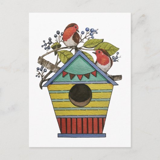 Robins mit Blueberries und Birdhouse Art Postkarte (Vorderseite)