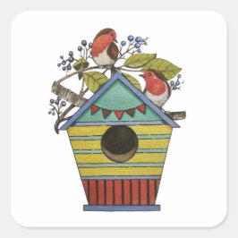 Robins mit Blueberries und Birdhouse Art Quadratischer Aufkleber