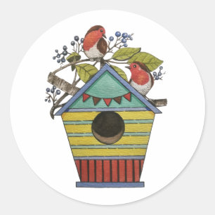 Robins mit Blueberries und Birdhouse Art Runder Aufkleber