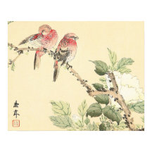 Robins und Peony japanese Vintage Blume Vögel Kuns