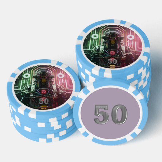 Robot 1 hellblau 50 gestreifter Poker-Chip Pokerchips (Stapel)