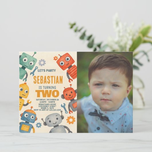 Robot 2. Geburtstag Einladung mit Foto (Stehend Vorderseite)