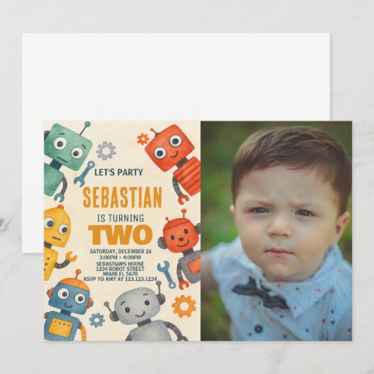 Robot 2. Geburtstag Einladung mit Foto (Vorne/Hinten)