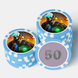 Robot 2 hellblau 50 gestreifter Poker-Chip Pokerchips