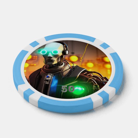 Robot 2 hellblau 50 gestreifter Poker-Chip Pokerchips (Einzeln)