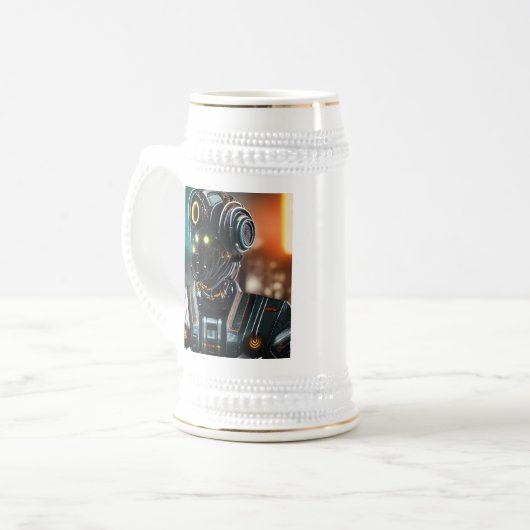 Robot-3-Weißstein-Goldtrimmung Bierglas (Vorderseite Links)