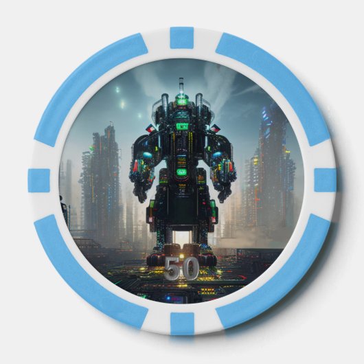 Robot 4 hellblau 50 gestreifter Poker-Chip Pokerchips (Vorderseite)