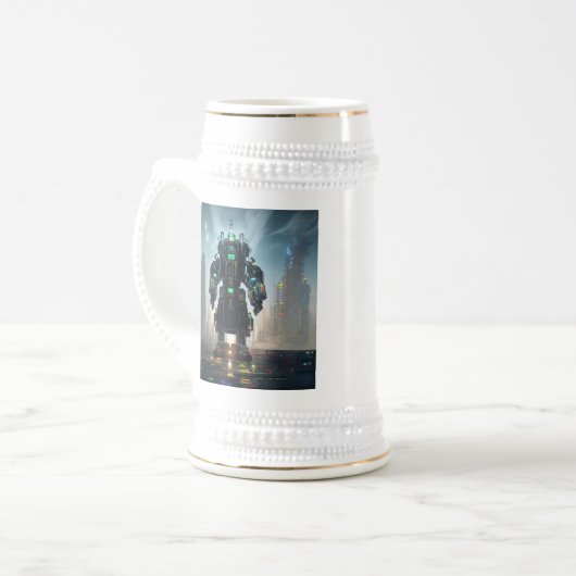 Robot-4-Weißstein-Goldtrimmung Bierglas (Vorderseite Links)