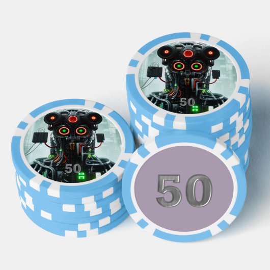 Robot 5 hellblau 50 gestreifter Poker-Chip Pokerchips (Stapel)