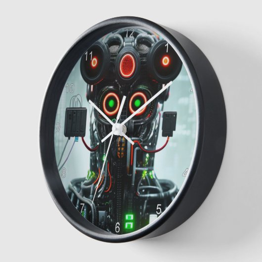 Robot 5, schwarze Wanduhr mit Zahlen (Winkel)