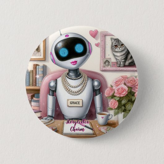 Robot AI Stoyteller Charm Lieben Rosa Lipstick Button (Vorderseite)