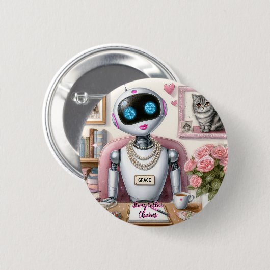 Robot AI Stoyteller Charm Lieben Rosa Lipstick Button (Vorne & Hinten)