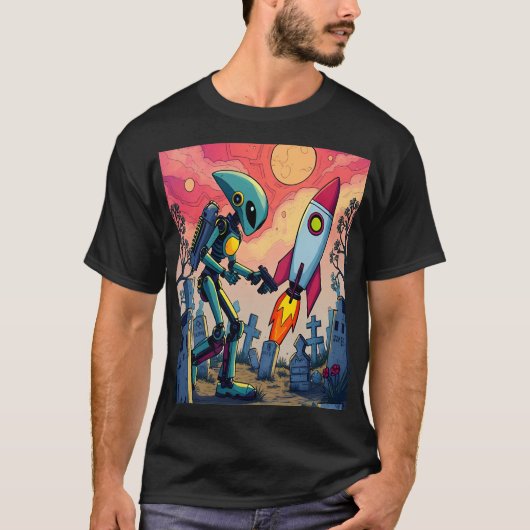 Robot and Rocket in Futuristic Cemetery T-Shirt (Vorderseite)