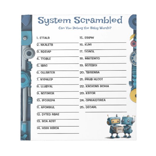 Robot Baby Shower Word Scramble Activity Pad Notizblock (Vorderseite)