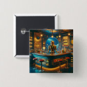 Robot Bartender in Interstellar Space Age Dive Bar Button (Vorne & Hinten)