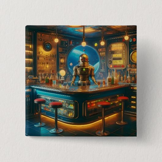Robot Bartender in Interstellar Space Age Dive Bar Button (Vorderseite)